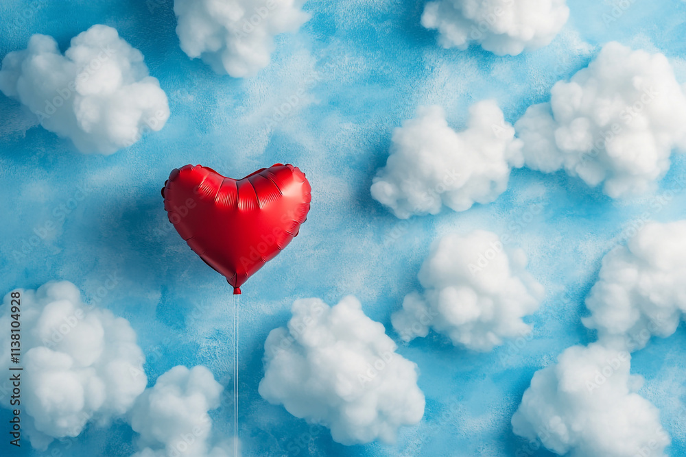 Bright red heart balloon floating among fluffy clouds for Valentine's Day celebration Bright red heart balloon floating among fluffy clouds for Valentine's Day celebration