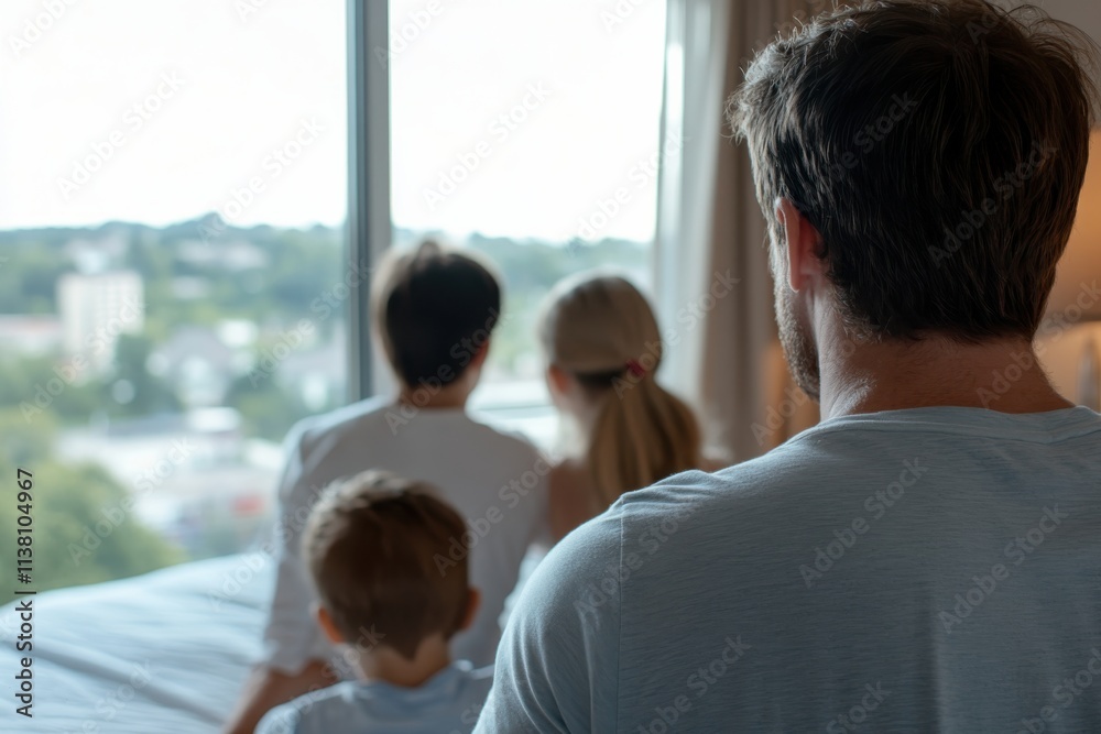 Fototapeta premium A family of four enjoys a moment together as they gaze out of a hotel window, cherishing the view and sharing an experience in a serene environment.