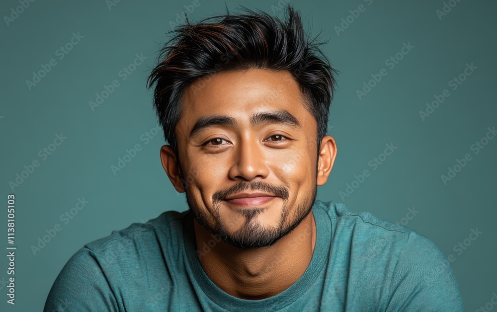 Fototapeta premium man with casual t-shirt is smiling at the camera, solid color background
