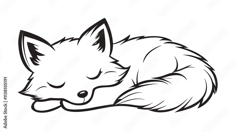 Naklejka premium A cute cartoon fox curled up sleeping.
