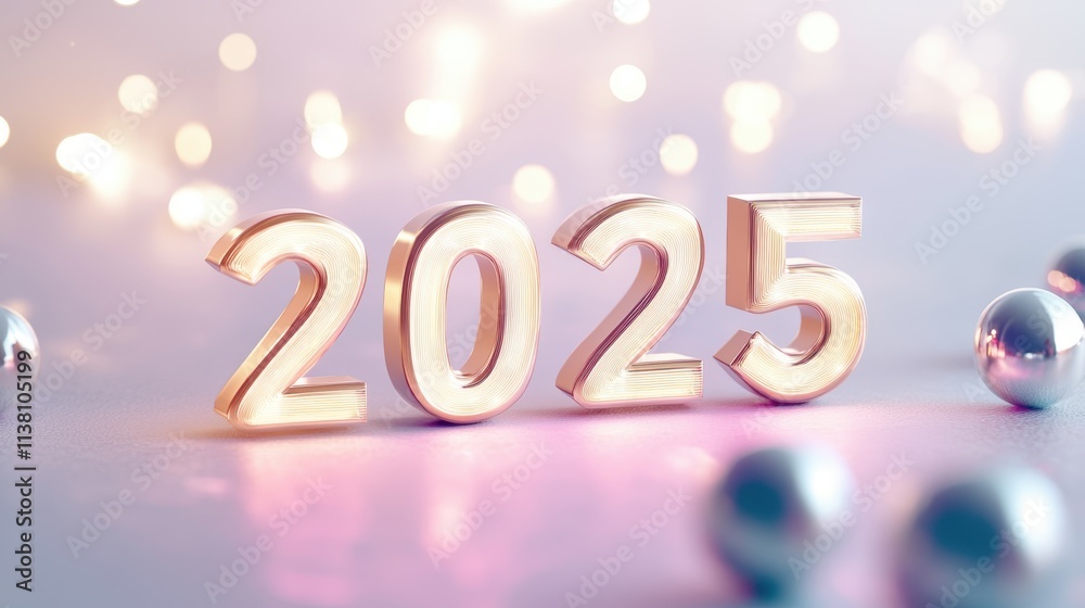 Festive New Year's Eve 2025 Gold Lettering with Shimmering Silver Spheres and Bokeh Lights on Pastel Pink Background, Celebratory Atmosphere, High-Quality Festive New Year's Eve 2025 Gold Lettering with Shimmering Silver Spheres and Bokeh Lights on Pastel Pink Background, Celebratory Atmosphere, High-Quality