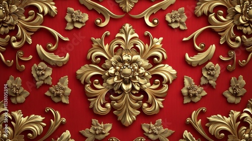 Red background with gold decorations, elegant pattern, luxurious design, festive, ornate, decorative style photo