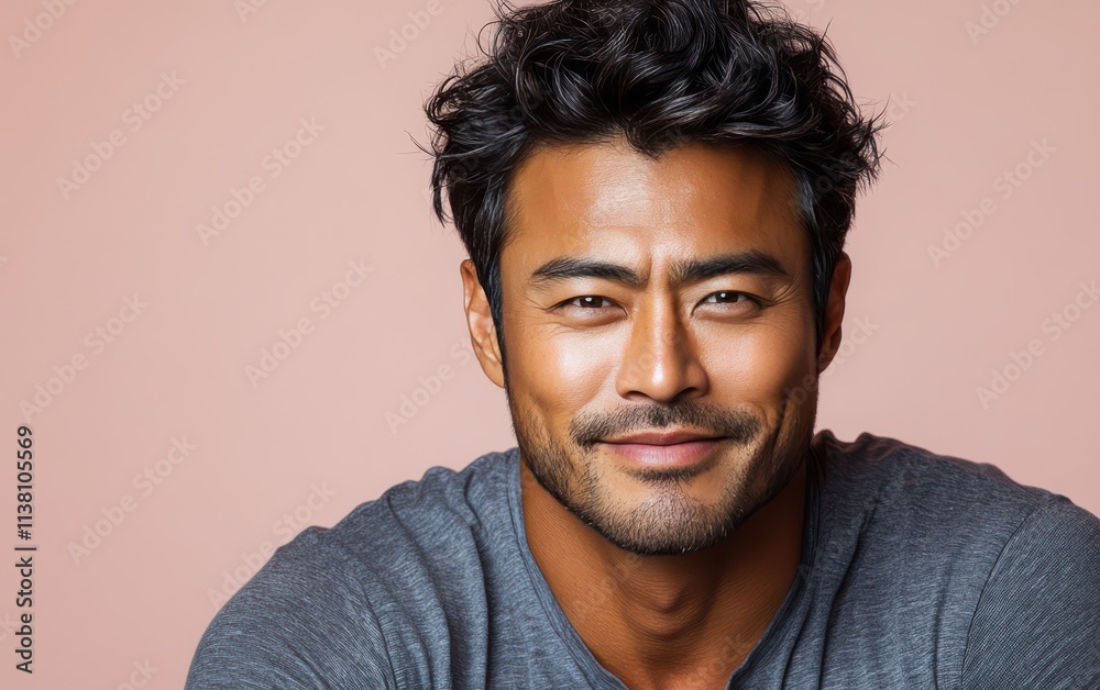 man with casual t-shirt is smiling at the camera, solid color background