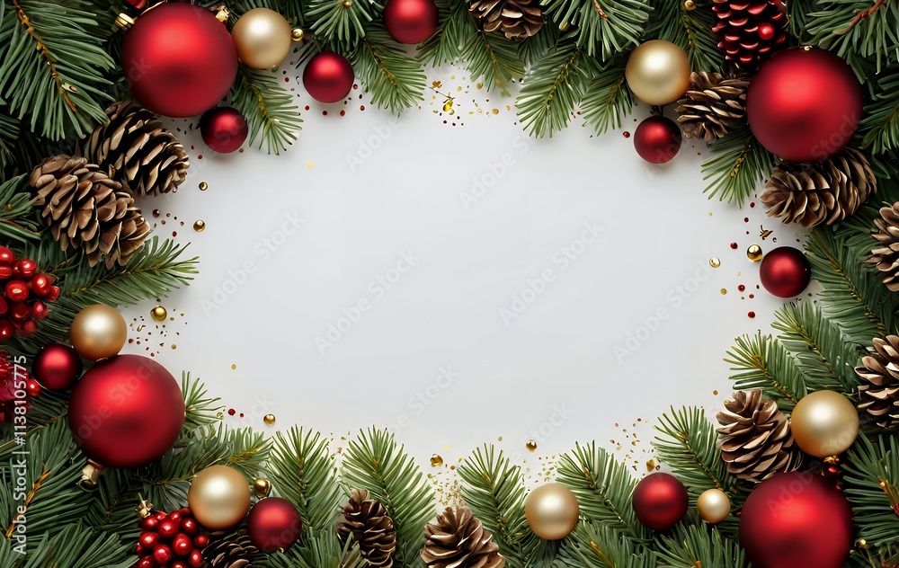 Festive Christmas border of fir branches, red and gold baubles, pine cones and glitter on white background. Festive Christmas border of fir branches, red and gold baubles, pine cones and glitter on white background.