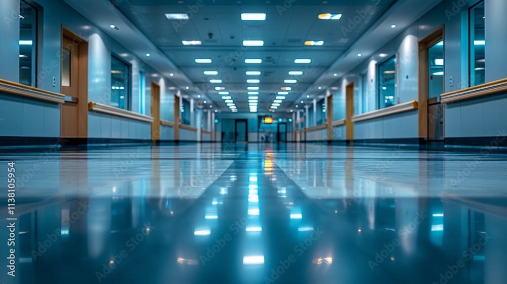 Long, lit corridor with reflective floor. Long, lit corridor with reflective floor.