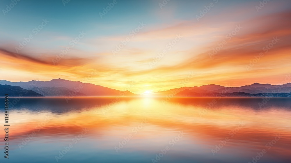 A beautiful sunset over a calm lake with mountains in the background A beautiful sunset over a calm lake with mountains in the background