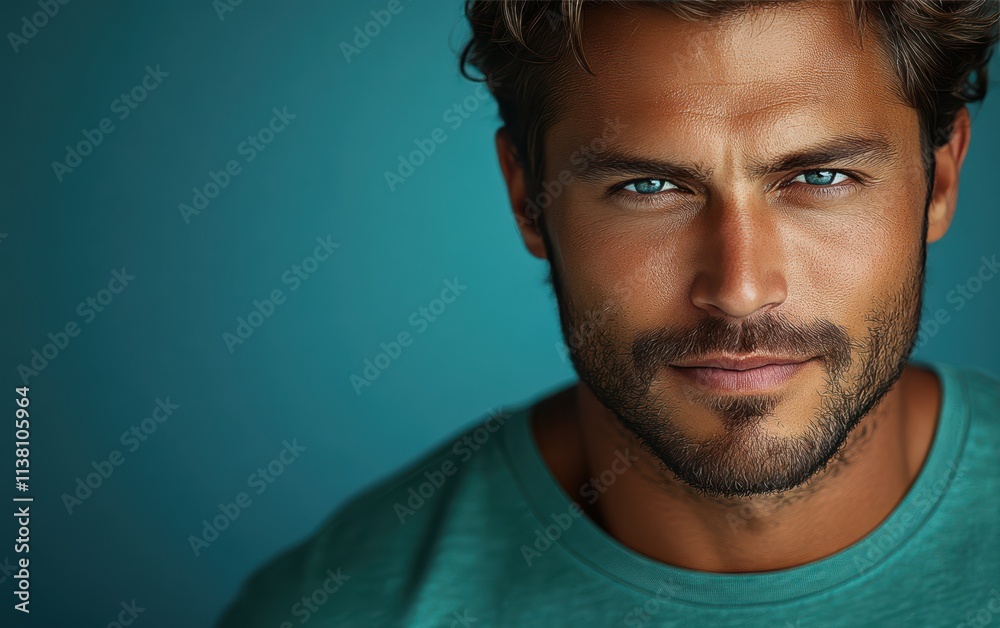 Fototapeta premium man with casual t-shirt is smiling at the camera, solid color background