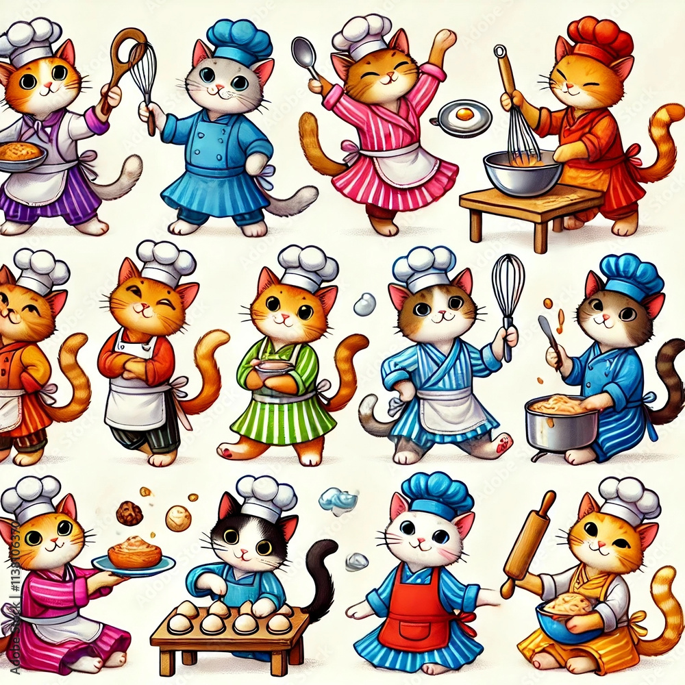 Obraz premium Culinary Cats in Action: Adorable Chef Kittens in Colorful Aprons