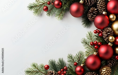 Festive Christmas border with red and gold ornaments, pine cones, and holly berries on a white background.