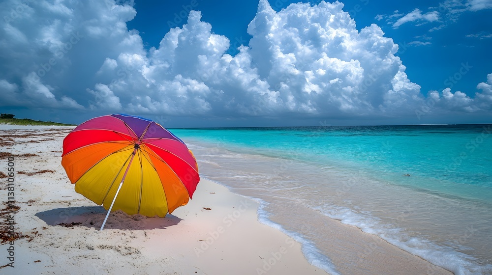 Vibrant beach scene with rainbow-colored umbrella on sand, set against turquoise ocean and white clouds, capturing summer vacation essence with natural lighting in wide angle perspective. Vibrant beach scene with rainbow-colored umbrella on sand, set against turquoise ocean and white clouds, capturing summer vacation essence with natural lighting in wide angle perspective.