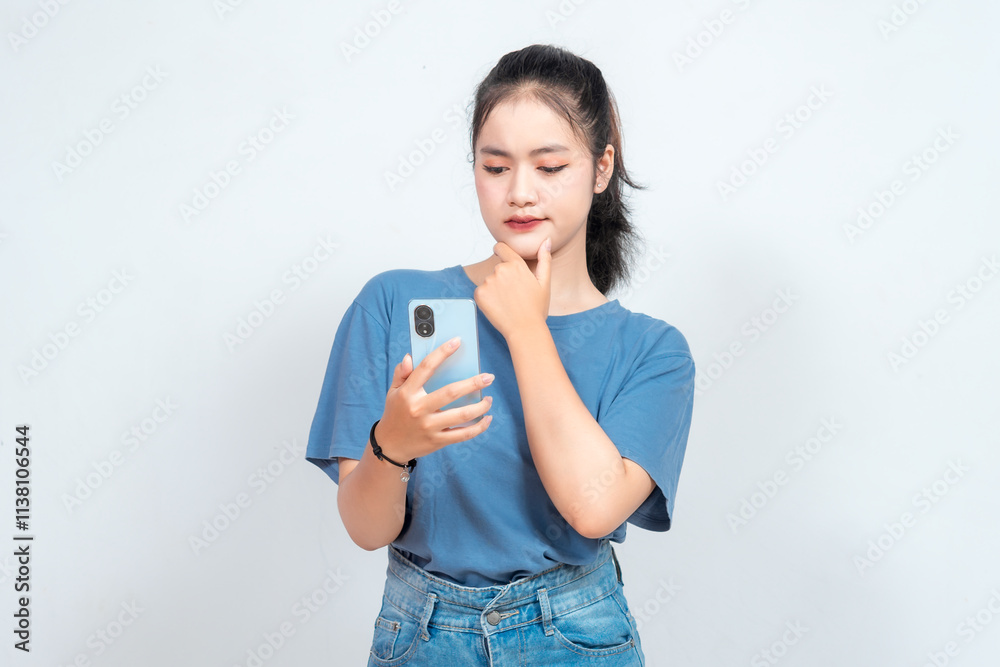 Asian woman is seriously think gesture isolated on white background Asian woman is seriously think gesture isolated on white background