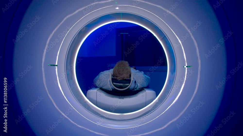 CT Scanner. Patient receiving a computed tomography brain scan.