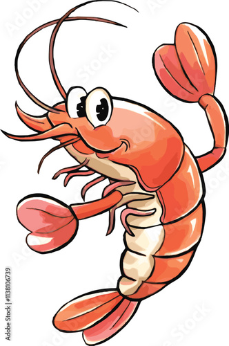 Watercolor vector of a cartoon shrimp, isolated on a white background, shrimp animation vector