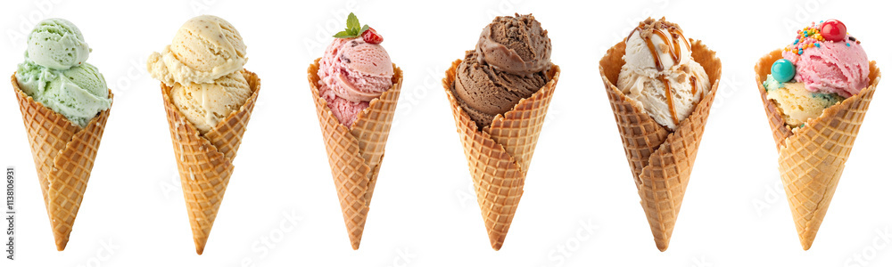 Set of various ice cream scoops in waffle cones isolated on transparent white background Set of various ice cream scoops in waffle cones isolated on transparent white background