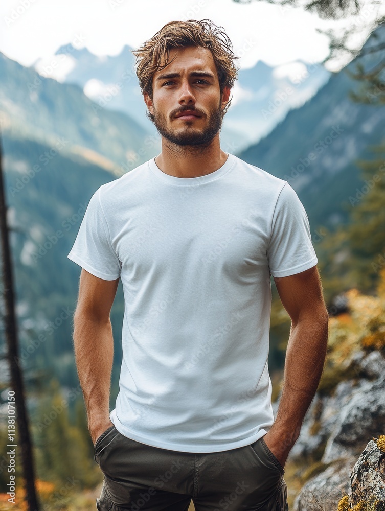Young man stands confidently in a white t-shirt amidst a breathtaking mountainous landscape during a sunny day in nature Young man stands confidently in a white t-shirt amidst a breathtaking mountainous landscape during a sunny day in nature