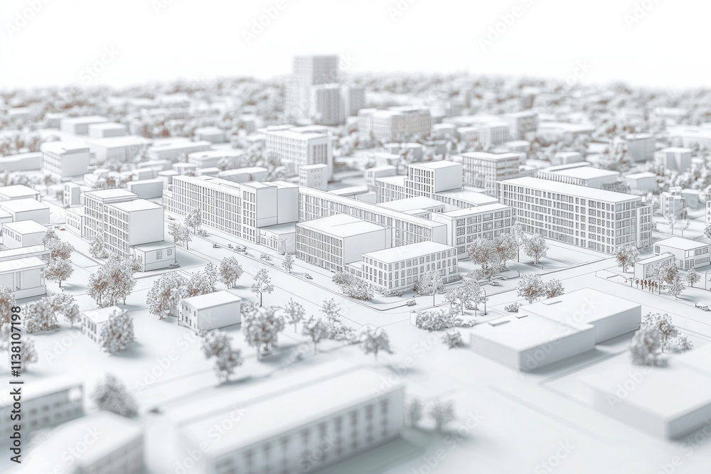 Naklejka premium 3D rendering of city with buildings, streets and small blocks on the ground