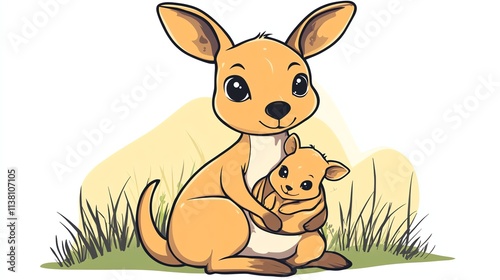 A cartoon drawing of a mother kangaroo holding her baby joey. photo