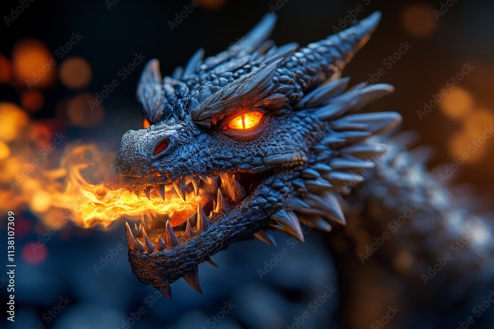 A dragon breathing fire, the flames lighting up a dark cavern with an intense orange glow