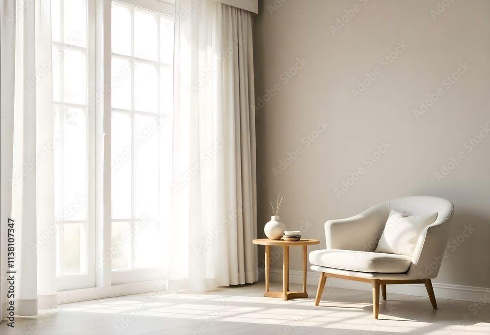 Fototapeta premium A minimalist living room with a white armchair, a wooden side table, and a large window with sheer curtains letting in natural light