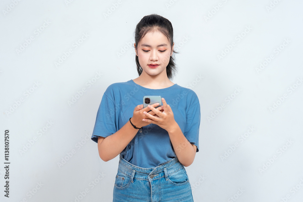 Smiling young Asian woman employee holding her phone, isolated on white background Smiling young Asian woman employee holding her phone, isolated on white background