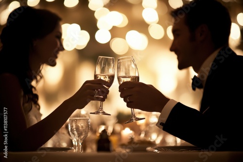 a couple toasting with champagne at a romantic dinner