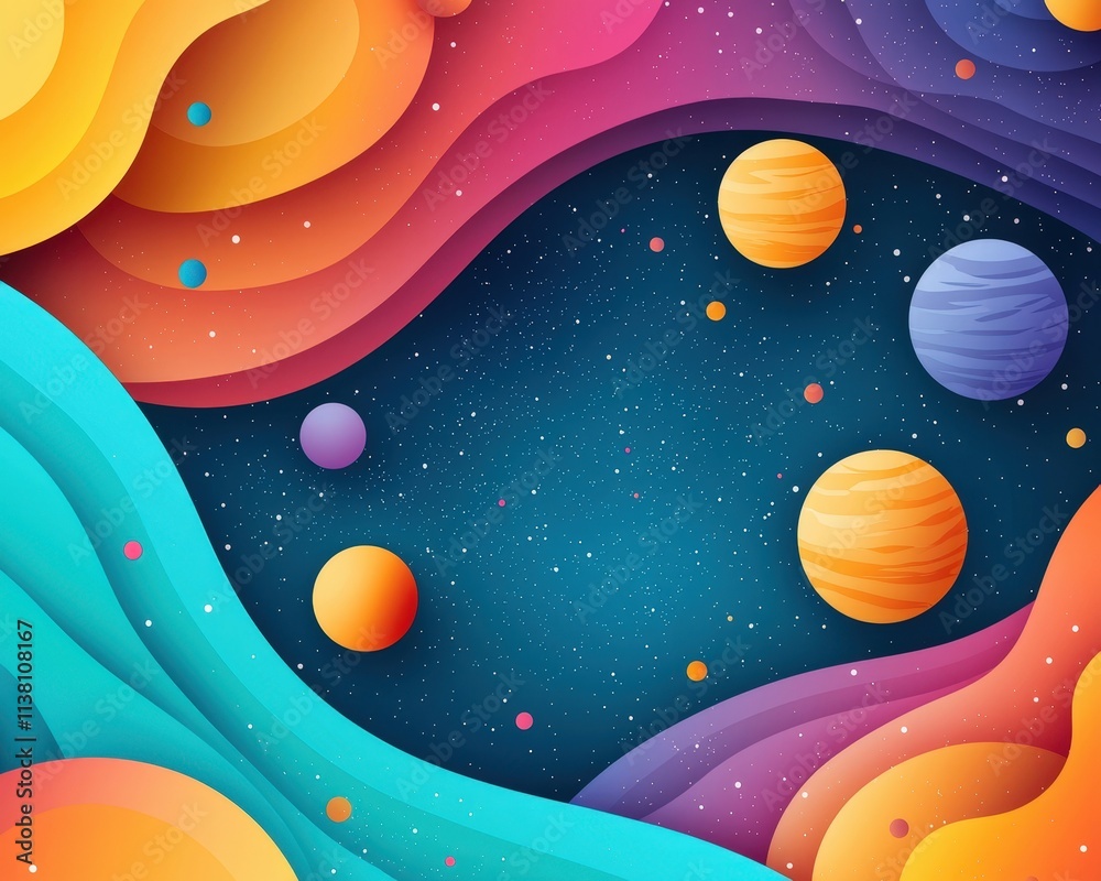 Naklejka premium A colorful space background with a rainbow of planets and stars