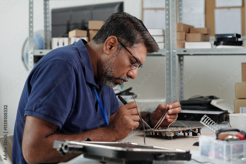 Skilled Technician Repairing Electronic Device in Workshop Skilled Technician Repairing Electronic Device in Workshop