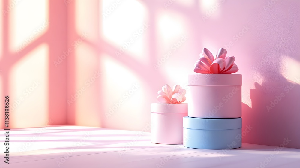 Professionally rendered gift boxes in pastel colors with ribbons and bows, arranged in stacked composition against white background, showcasing minimalist style with soft shadows. Professionally rendered gift boxes in pastel colors with ribbons and bows, arranged in stacked composition against white background, showcasing minimalist style with soft shadows.