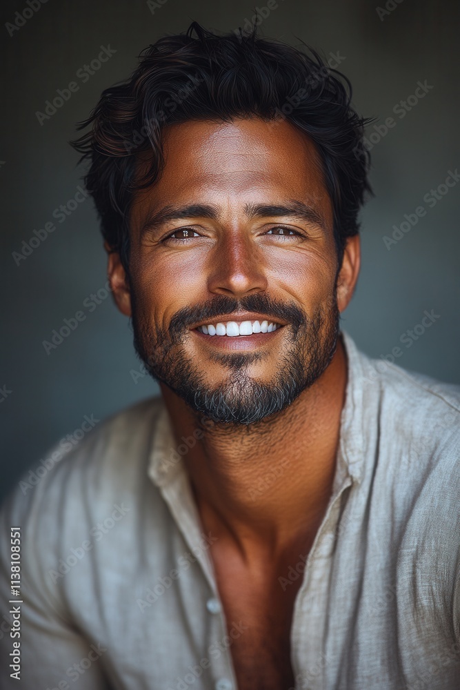 Obraz premium Handsome man with a warm smile and tousled hair exudes confidence against a neutral backdrop in a casual shirt