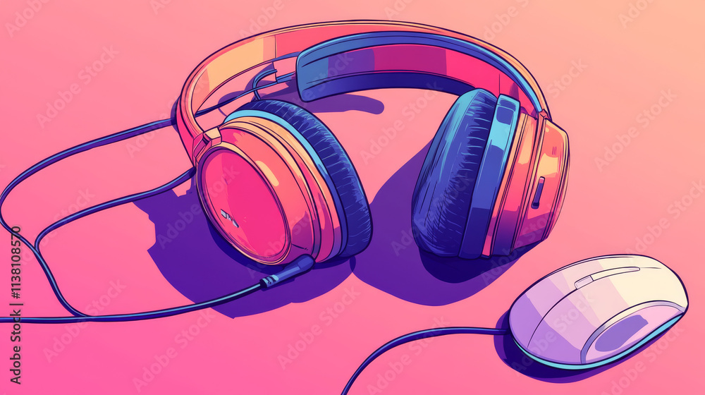 Computer mouse connected to big DJ headphones. Concept for online music. Computer mouse connected to big DJ headphones. Concept for online music.