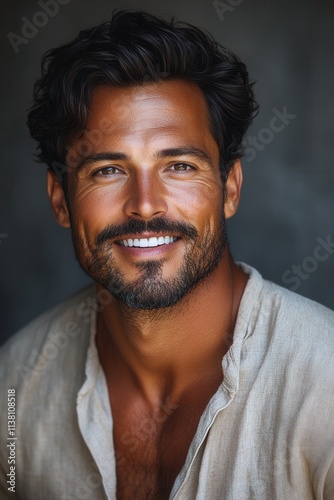 Smiling man with curly hair poses against a textured background, showcasing clear skin and confident expression in a relaxed setting