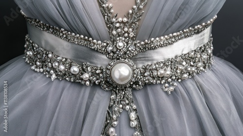 Elegant grey gown detail; pearl and crystal embellished waistband.