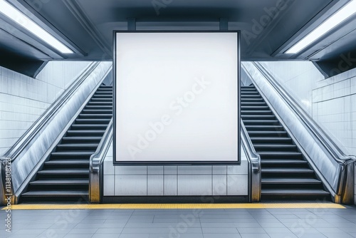 A modern subway station featuring escalators and a blank advertising space, perfect for urban transport themes. photo