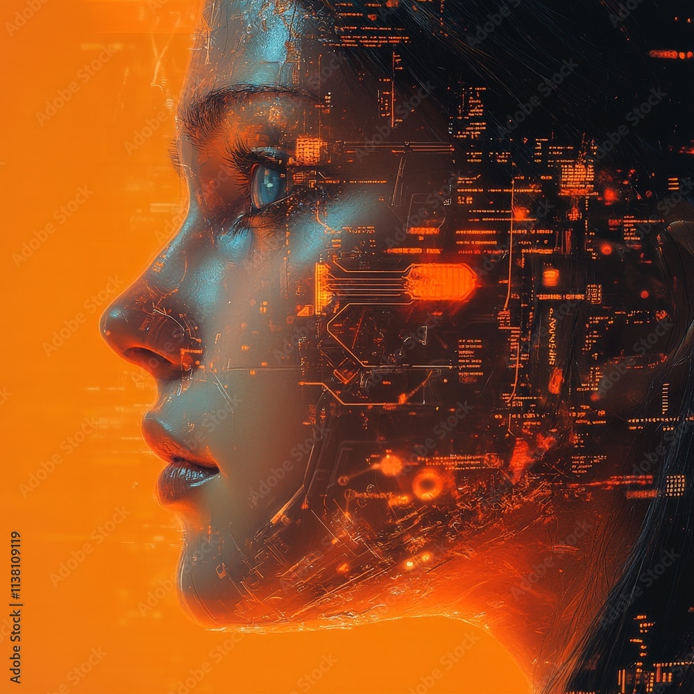 Futuristic Cybernetic Woman Head in Orange Glow Futuristic Cybernetic Woman Head in Orange Glow