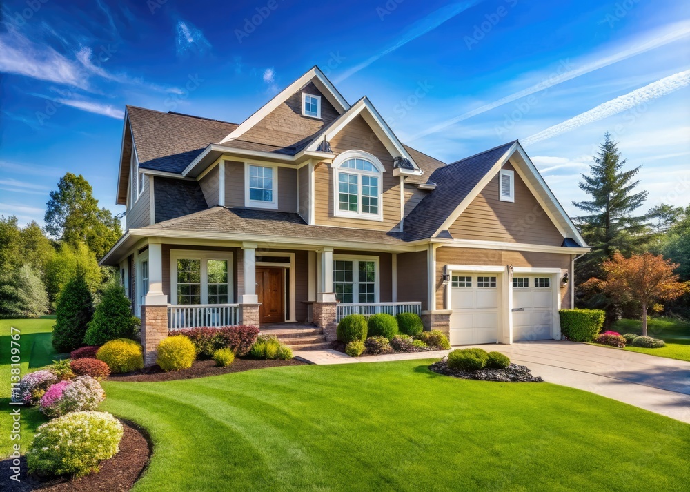 Obraz premium Sun-drenched dream home: gable roof, covered porch, two-car garage, perfect exterior.