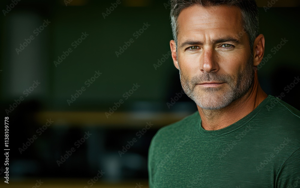 man with casual t-shirt is smiling at the camera, blurred room background man with casual t-shirt is smiling at the camera, blurred room background