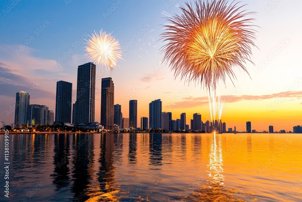 Obraz premium A fireworks display over a city skyline, with fiery colors reflecting on the water below