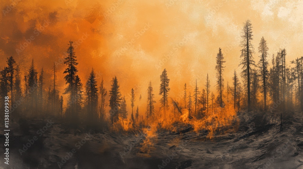 Forest wildfire spreading across a dry woodland area Forest wildfire spreading across a dry woodland area