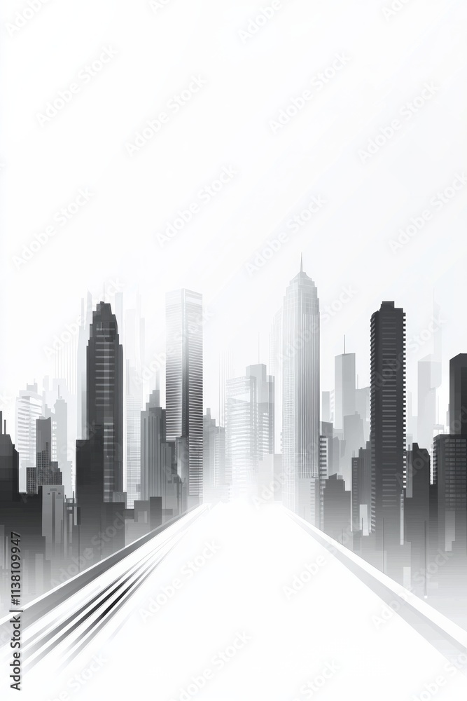 Fototapeta premium White background, simple vector illustration of a cityscape with buildings and roads, in grayscale with sharp lines, featuring white space 