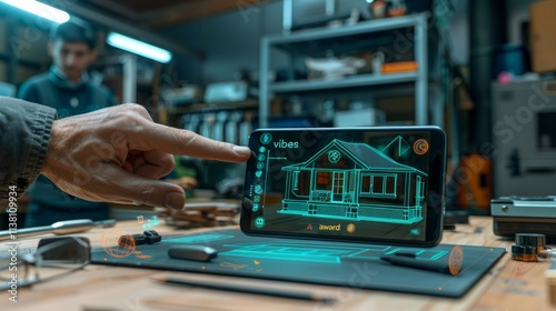 Man uses phone to view 3D model of a house.