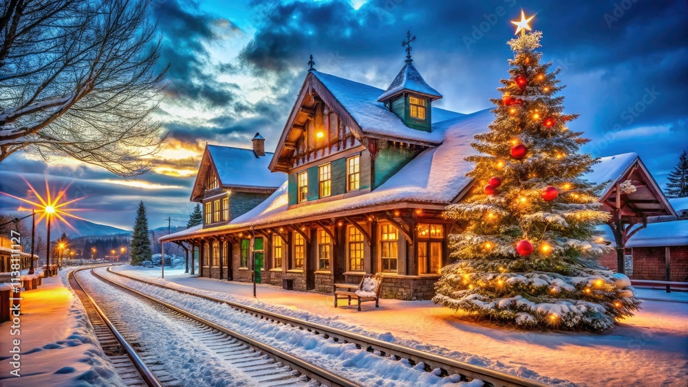 Architectural Photography of a Train Station with a Christmas Tree, Winter Wonderland Scene, Holiday Spirit, Festive Decorations, Snowy Landscape, Urban Architecture, and Seasonal Cheer Architectural Photography of a Train Station with a Christmas Tree, Winter Wonderland Scene, Holiday Spirit, Festive Decorations, Snowy Landscape, Urban Architecture, and Seasonal Cheer