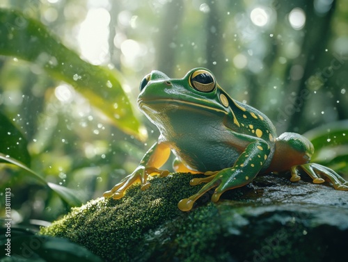 a green frog sits on a mossy rock in the forest