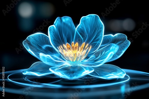 A futuristic glowing flower made of translucent, metallic petals, with holographic light beams radiating from its core in a dark, ethereal setting
