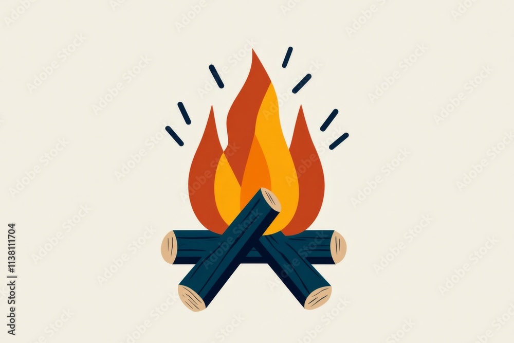 A geometric representation of a campfire, with simple triangular flames and blocky logs in bold colors A geometric representation of a campfire, with simple triangular flames and blocky logs in bold colors