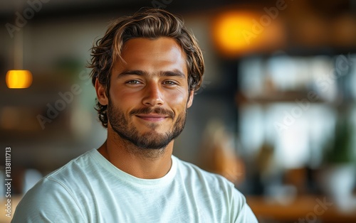 man with casual t-shirt is smiling at the camera, blurred room background