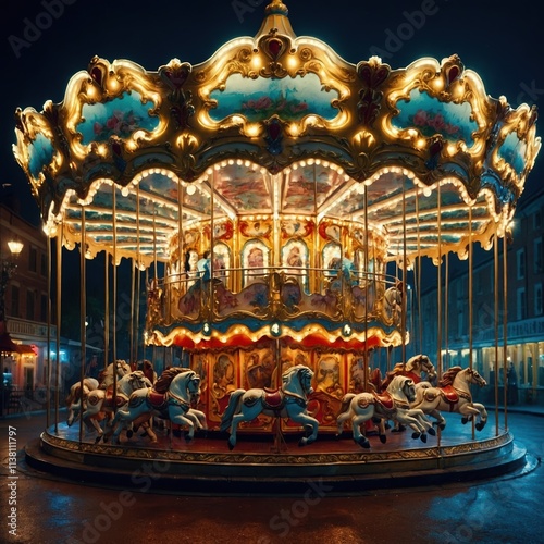 Merry-go-round or carousel with horses at night