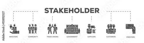 Stakeholder infographic icon flow process which consists of community, trade unions, suppliers, and customers icon live stroke and easy to edit .