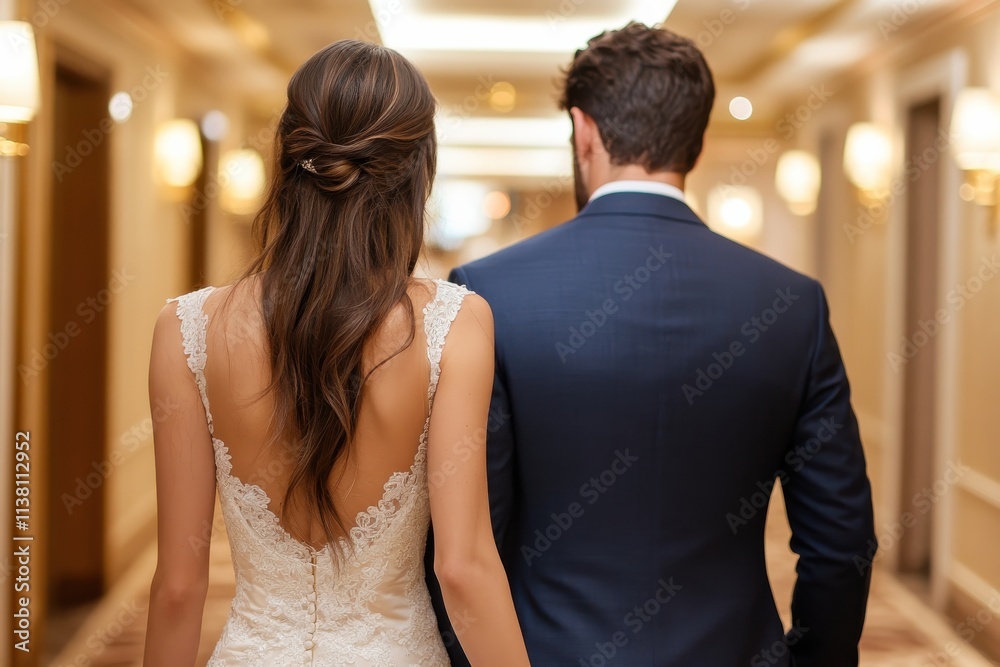A beautiful couple walks hand-in-hand through a luxurious hotel corridor, radiating love and joy on their wedding day, dressed in elegant bridal attire. A beautiful couple walks hand-in-hand through a luxurious hotel corridor, radiating love and joy on their wedding day, dressed in elegant bridal attire.