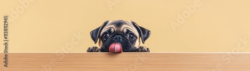 A cute pug dog peeks over a table with a curious expression and a playful tongue out.