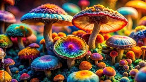 Close-Up of Colorful Mold and Musty Mushrooms - Vibrant Fungi Growth, Nature's Artistry, Macro Photography, Fungal Diversity, Organic Textures, Ecological Beauty